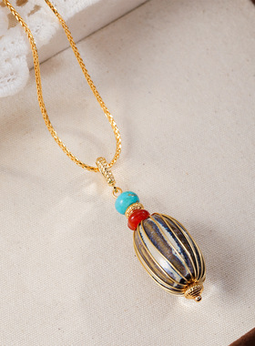 不规则蓝色陶瓷珠网状吊坠项链