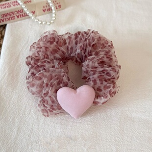 Pink Heart Leopard Mesh Scrunchie Elegant Hair Accessory