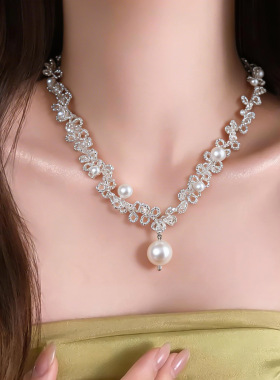 水晶串珠花边珍珠项链耳环套装