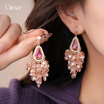 复古宫廷风镶钻水滴玻璃流苏耳环