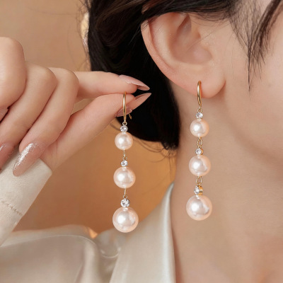 甜美精致锆石樱花粉珍珠流苏耳环
