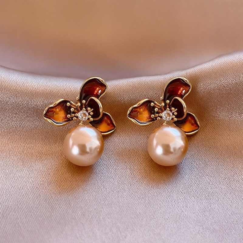 银针秋冬复古锆石花朵珍珠耳环