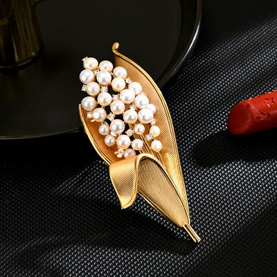 轻奢风法式珍珠树叶别针胸针