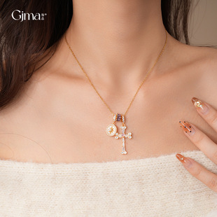 18K Gold Plated CZ Geometric Cross Necklace Elegant
