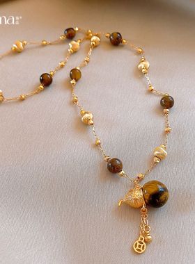 复古秋冬锆石葫芦虎眼石串珠项链