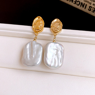 Gold-Plated Square Pearl Stud Earrings, Vintage Silver Post