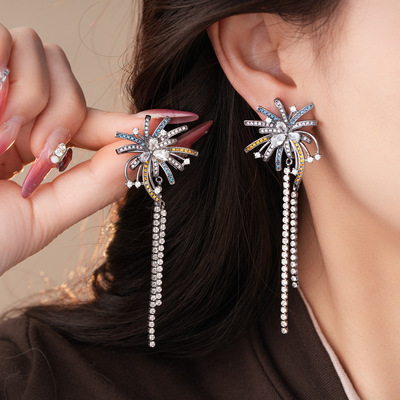 欧美超闪锆石烟花流苏耳环