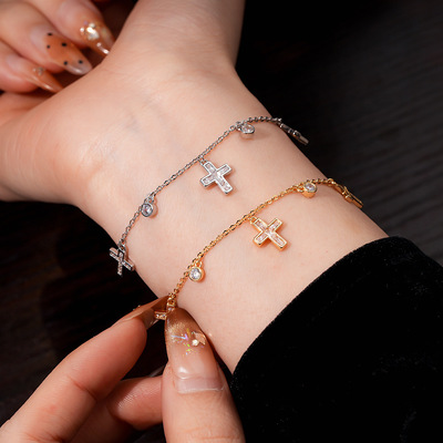 锆石十字架流苏吊坠手链