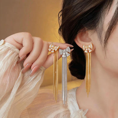 锆石蝴蝶结流苏耳环轻奢感
