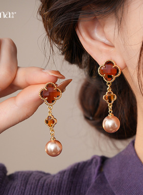 18K Gold Floral Earrings, French Pearl Vintage Luxury Studs
