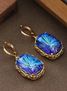 Blue Gemstone Ear Cuffs, French Geometric Vintage Earrings