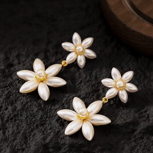 韩版春夏甜美长款珍珠花朵耳环