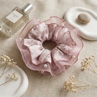 Pink Beaded Double-Layer Scrunchie Elegant Hair Accessory