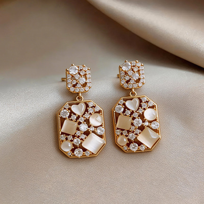 锆石猫眼石方形耳环轻奢感耳钉