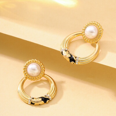 精致个性镶钻珍珠几何圆形耳环