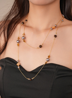 美拉德风双层虎眼石串珠珍珠项链