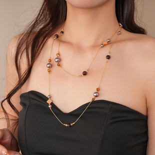 Vintage Double-Layer Tiger Eye Pearl Beaded Necklace Elegant