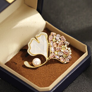 Mother of Pearl Ginkgo Leaf Brooch CZ Elegant Lapel Pin