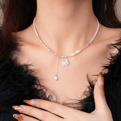 串珠锆石蝴蝶吊坠可调节珍珠项链