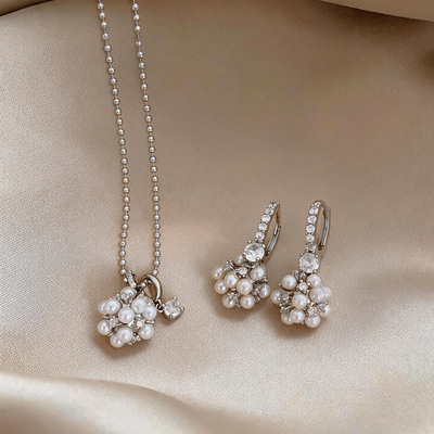 韩系简约锆石花簇珍珠项链耳环