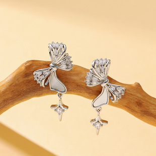 Zircon Earrings Shell Studs Fringe Chic Bow Korean