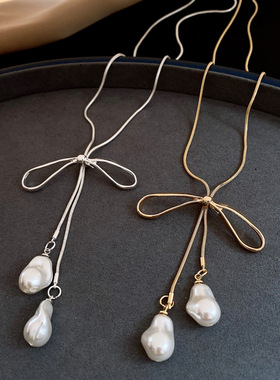蝴蝶结吊坠珍珠项链轻奢毛衣链