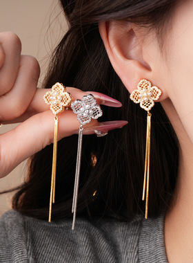 18K Gold Fringe Earrings, Zircon Pearl Clip-Ons Luxury