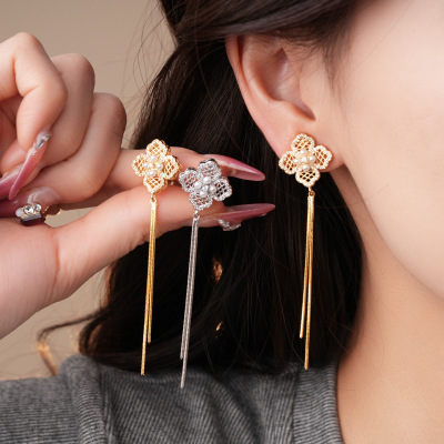 18k真金电镀锆石花朵流苏耳夹