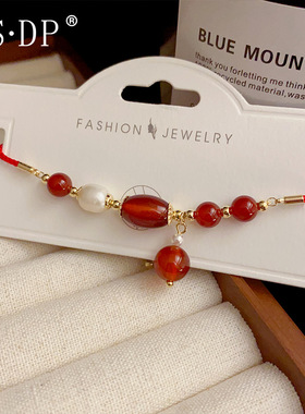 新中式时尚轻奢甜美淡水珍珠红色圆珠手链小众设计感气质手环
