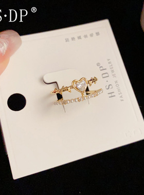 轻奢时尚ins风开口戒指女设计感小众简约锆石爱心珍珠双层食指戒