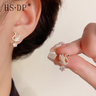s925银针微镶锆石天鹅耳钉气质百搭个性超闪耳环小众时尚设计耳饰