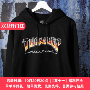 阿瞳牛社美式街头潮牌Thrasher火焰连帽加绒卫衣男套头外套秋冬季