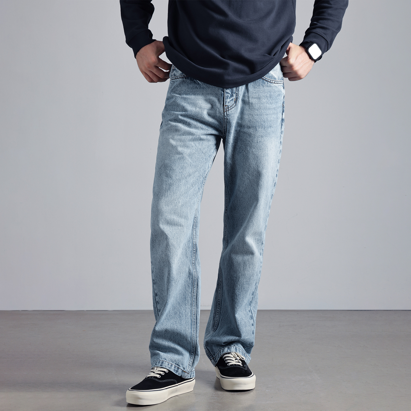 ATONG阿瞳 男士复古水洗做旧浅蓝色牛仔裤春秋季纯棉宽松直筒长裤