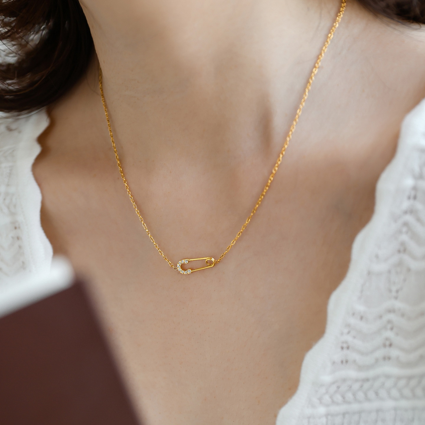 不掉色~精致小众高级感回形针微镶项链女锁骨链颈链镀18K金礼物