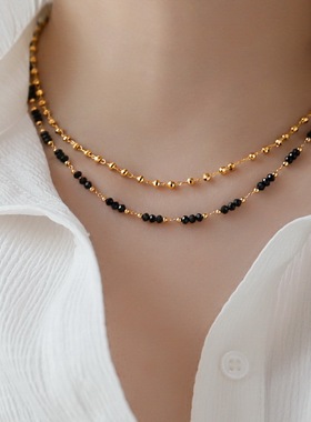 法式复古镀18K金黑尖晶石项链