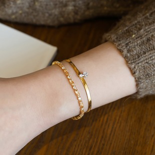 高品质~小众设计感方锆石蛇骨手链香槟水晶满钻手链叠戴时尚个性