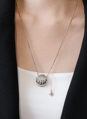 不掉色小众轻奢设计银色贝壳珍珠项链女T恤卫衣长款高级感毛衣链