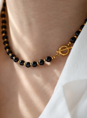 小众复古OT扣天然黑玛瑙串珠项链