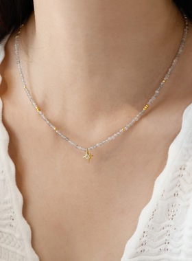 天然石灰色月光石串珠项链