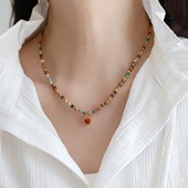 高品质 新款 复古小众高级红色方糖吊坠气质天然石串珠项链锁骨链