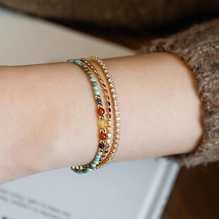 ins小众叠戴天然绿松石红玛瑙串珠满钻亮片叠戴手链高级时尚 礼物