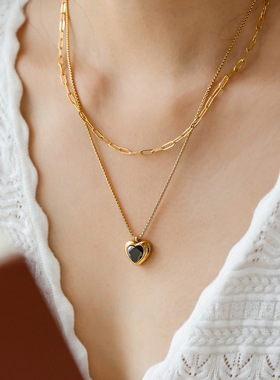 不掉色复古双层黑色锆石爱心项链