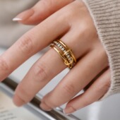 不掉色高品质轻奢小众设计感简约轻奢金色三环锆石戒指女指环