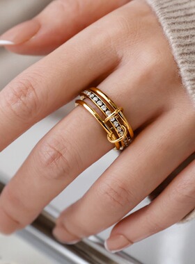 不掉色高品质轻奢小众设计感简约轻奢金色三环锆石戒指女指环