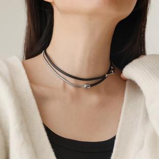 重工高品质甜酷辣妹质感牛皮黑绳拼接蛇骨链女项链小众高级锁骨链
