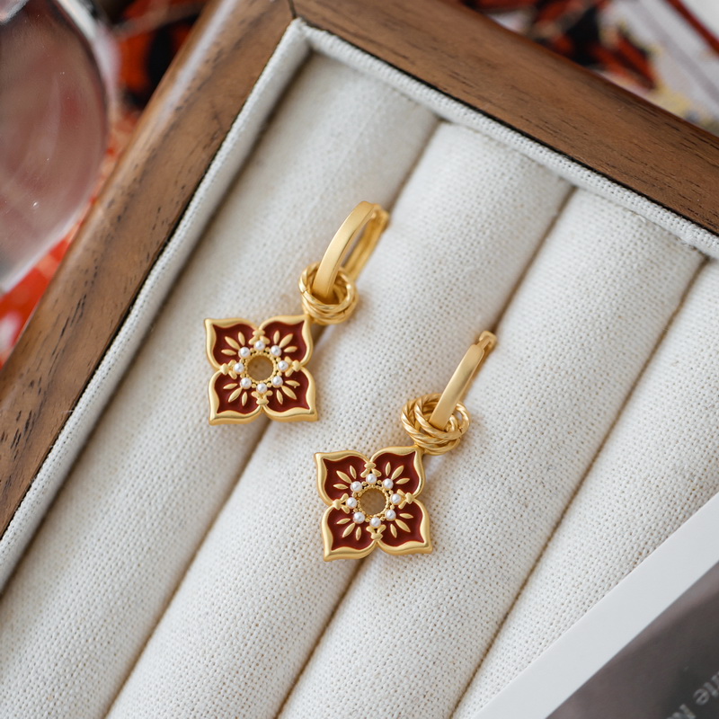 新中式酒红花朵珐琅耳环