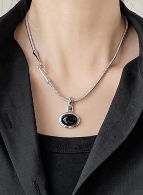 重工小众时髦银色毛衣链黑玛瑙