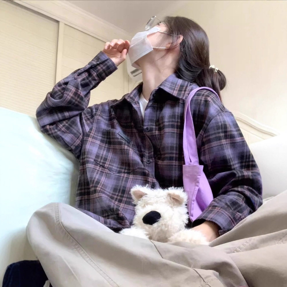 紫色格子衬衫外套女春秋2025新款早秋衬衣感法式小资格纹上衣