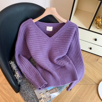 韩系穿搭v领时尚毛衣女秋冬软糯马海毛长袖针织衫慵懒上衣