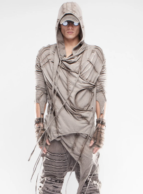 CHAUNK自主先锋沙丘DEMO废土风不对称复古染色做旧连帽披挂T恤男